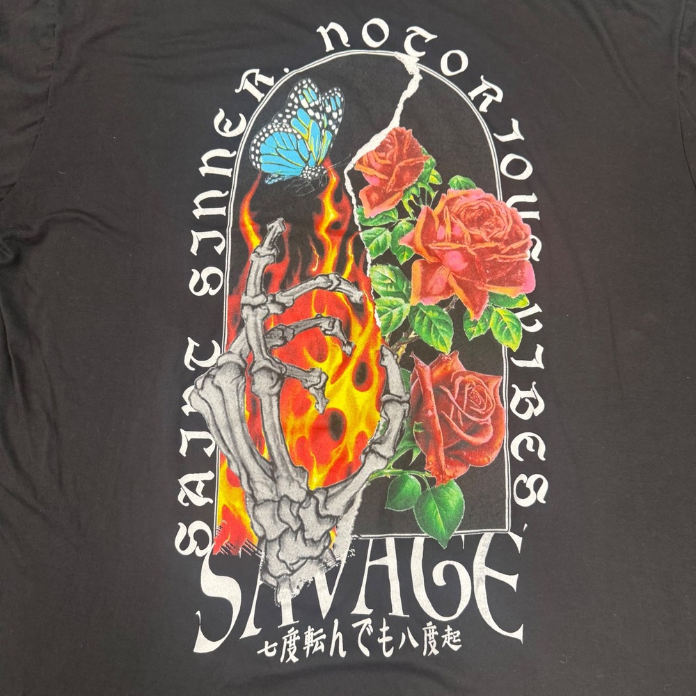 2 Monkeys Graphic T-Shirt Mens 3XL Black Excellent Saint Sinner Savage Skeleton - Picture 8 of 9